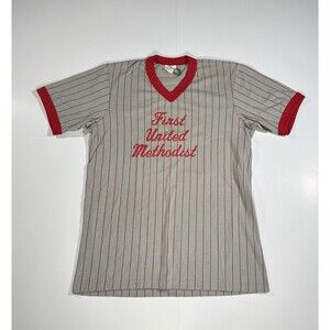 Vintage 80s First United Methodist Pin Striped Jersey Style T-Shirt Size Medium?